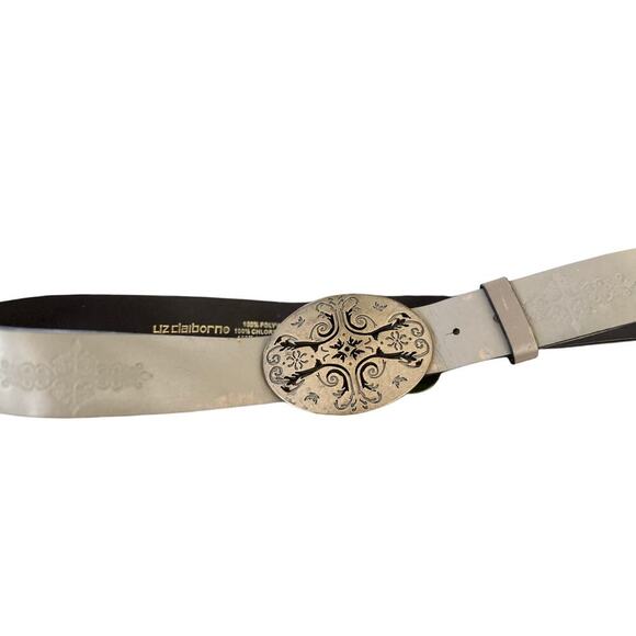 Vintage Liz Claiborne Women's Cream & Brown Leather Buckle Belt Size Medium - Picture 1 of 8